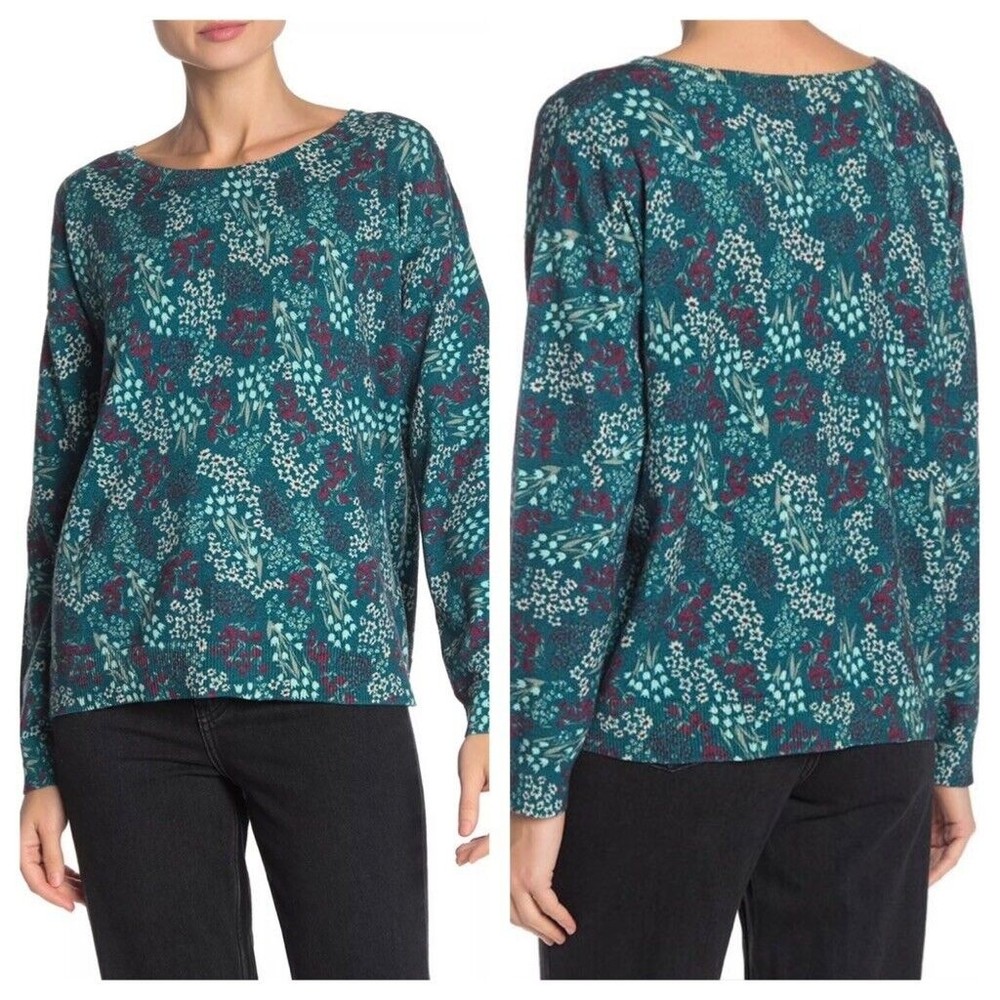 Joie Eloisa Green Floral Knit Boatneck Pullover Sweater Top Cashmere Blend XS